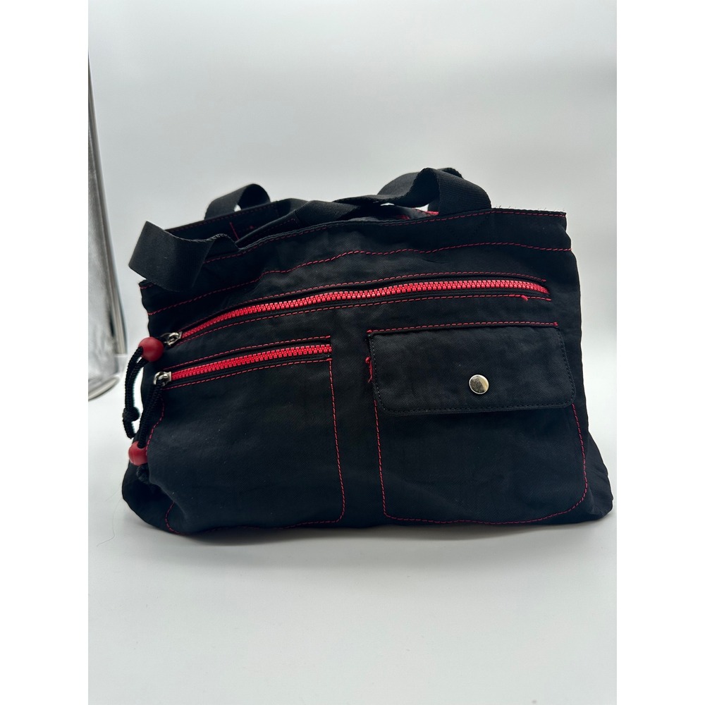 Nine West Black Canvas Utility Shoulder Bag Red Contrast Stitching Multi Pocket